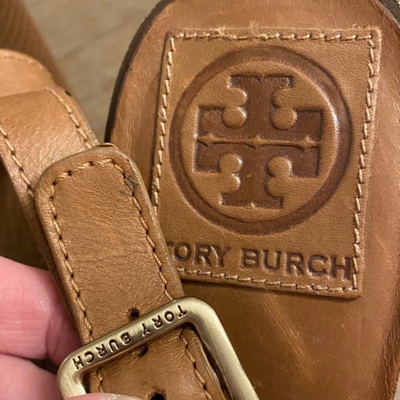 EUC Authentic TORY BURCH Brown Leather Slingback Chunky Heel Sandals Size 8M - Picture 4 of 8
